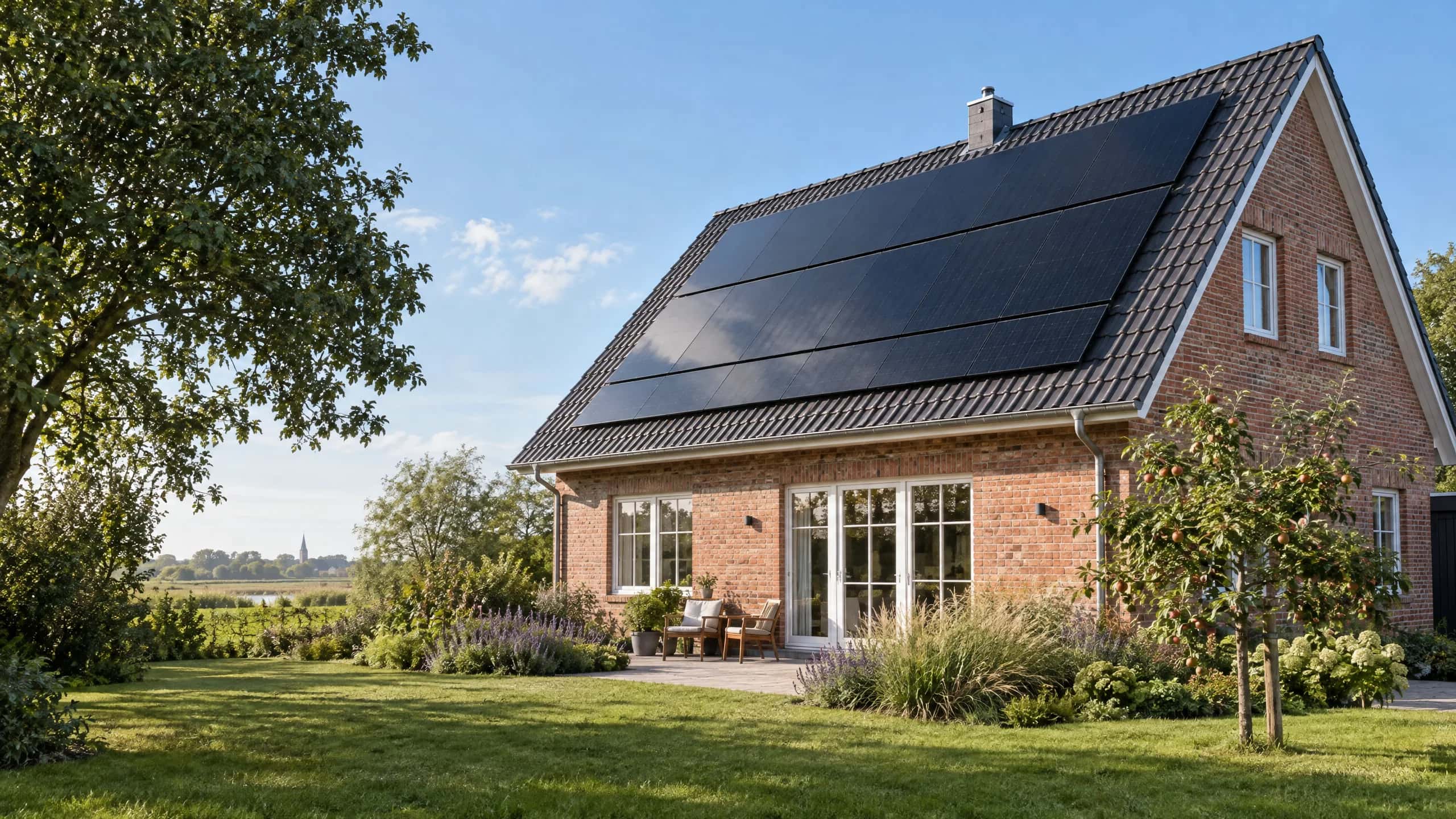Backsteinhaus mit einer Solaranlage aus schwarzen Modulen auf dem Dach, davor ein Garten mit Apfelbaum – Illustration