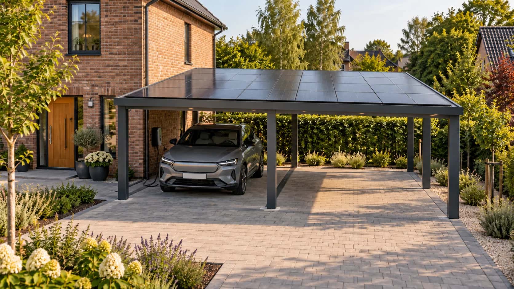 Doppelcarport mit Photovoltaikdach und einem angeschlossenen Elektroauto