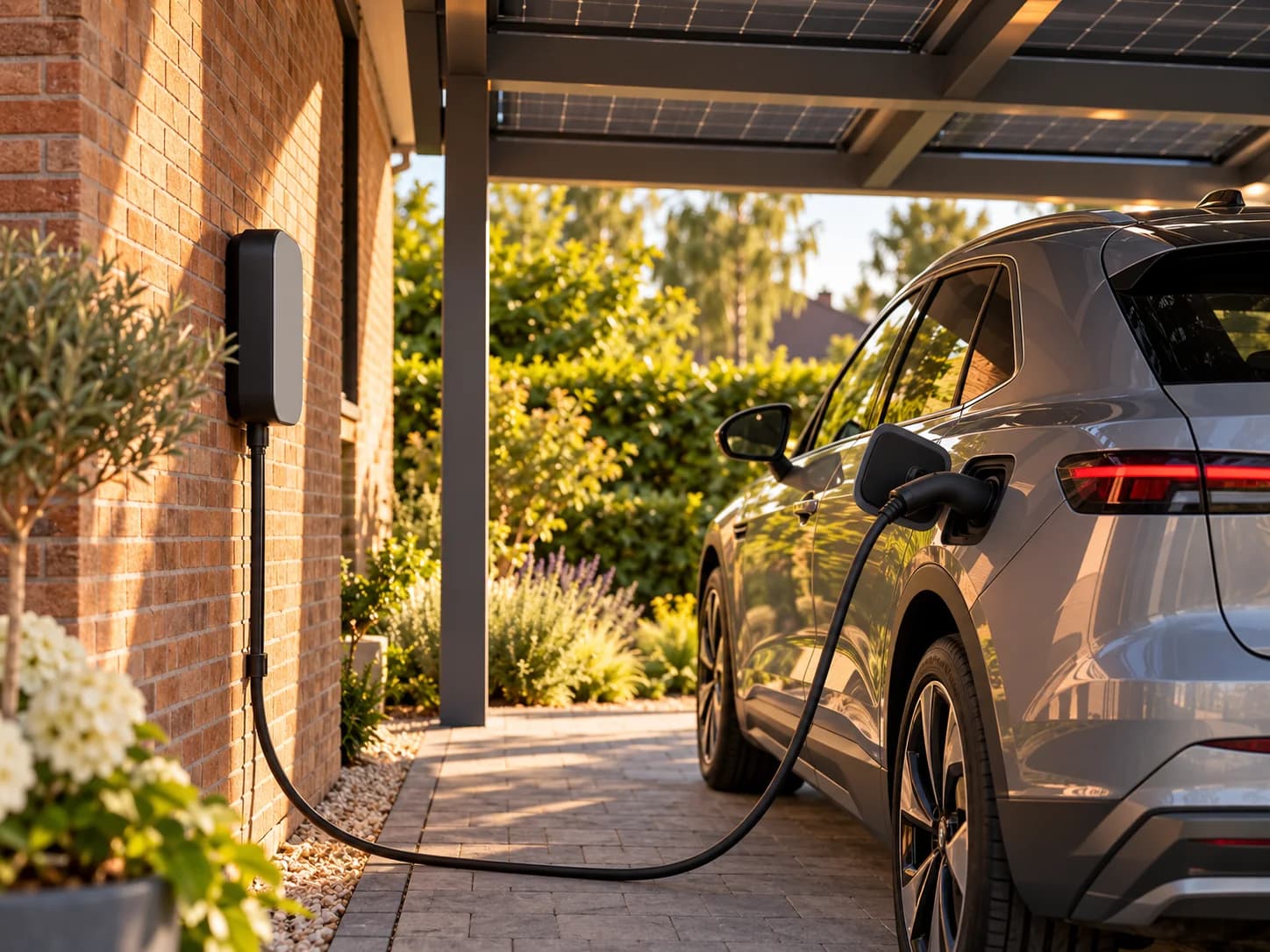Ein Elektroauto lädt an einer Wallbox unter einem Solar-Carport