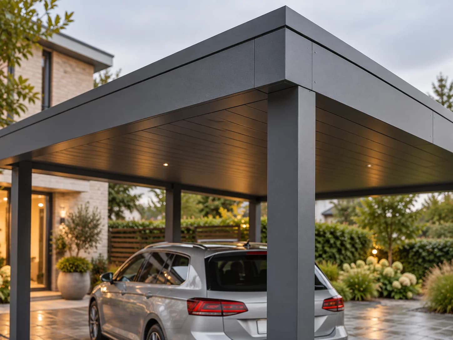 Detail der anthrazitfarbenen Dachkante und Stütze eines Carports