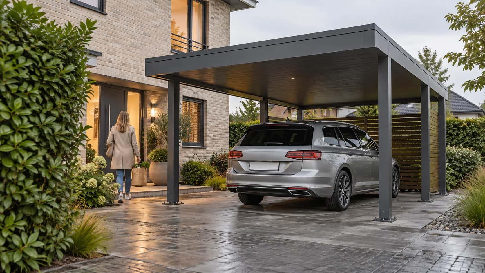 Anthrazitfarbener Carport neben einem Wohnhaus mit geschütztem Stellplatz