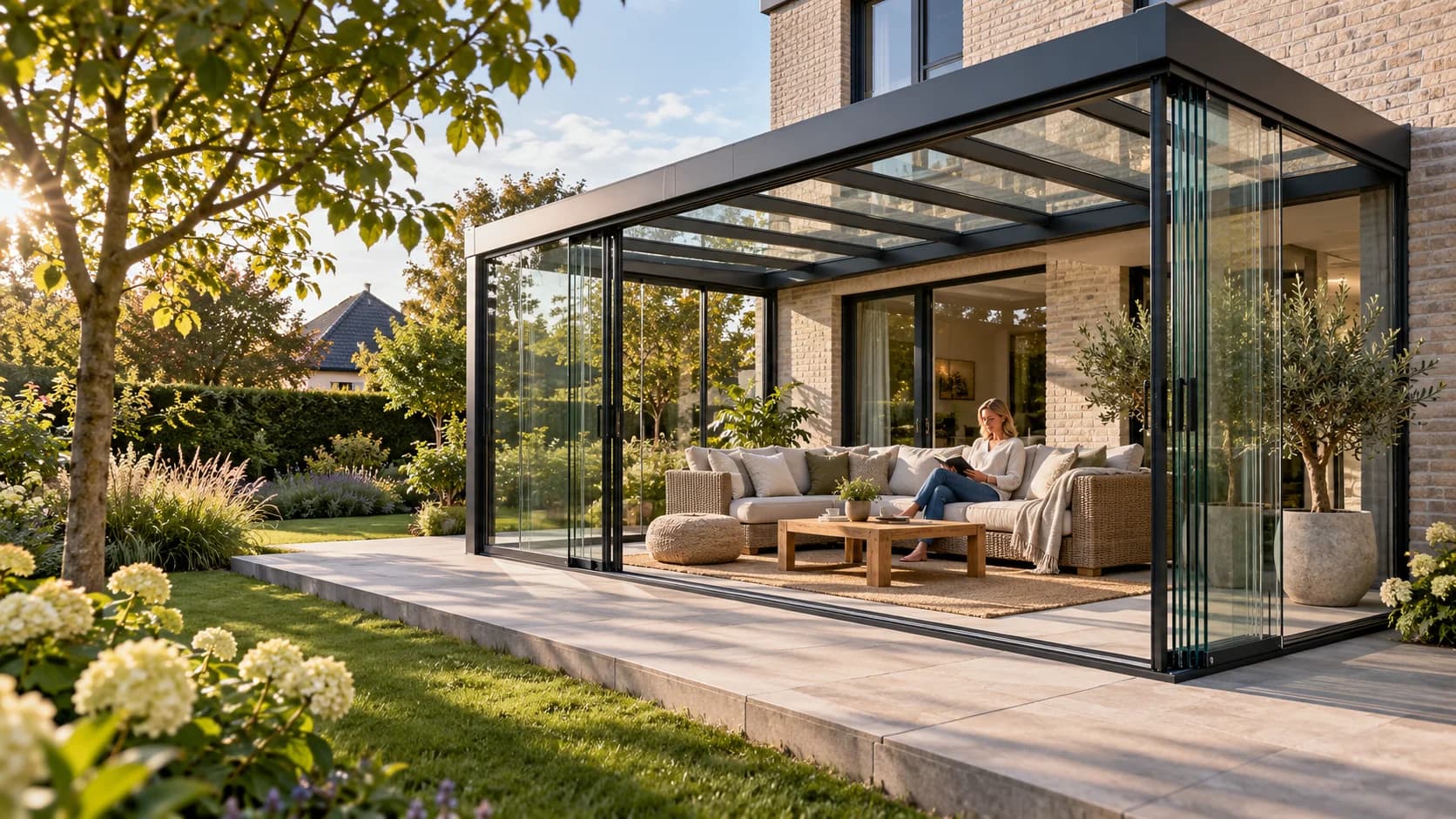 Einladendes Gartenzimmer mit teilweise geöffneten Glasschiebewänden und gemütlichem Sitzplatz