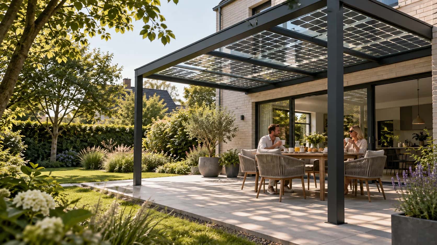 Solar-Terrassenüberdachung mit lichtdurchlässigen Glas-Glas-Modulen über einem Essplatz im Garten