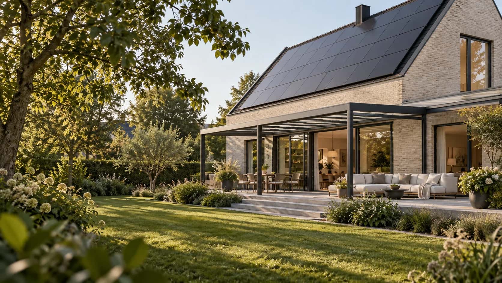 Illustration: Norddeutsches Wohnhaus mit Photovoltaik, Glasterrasse und Garten im warmen Nachmittagslicht