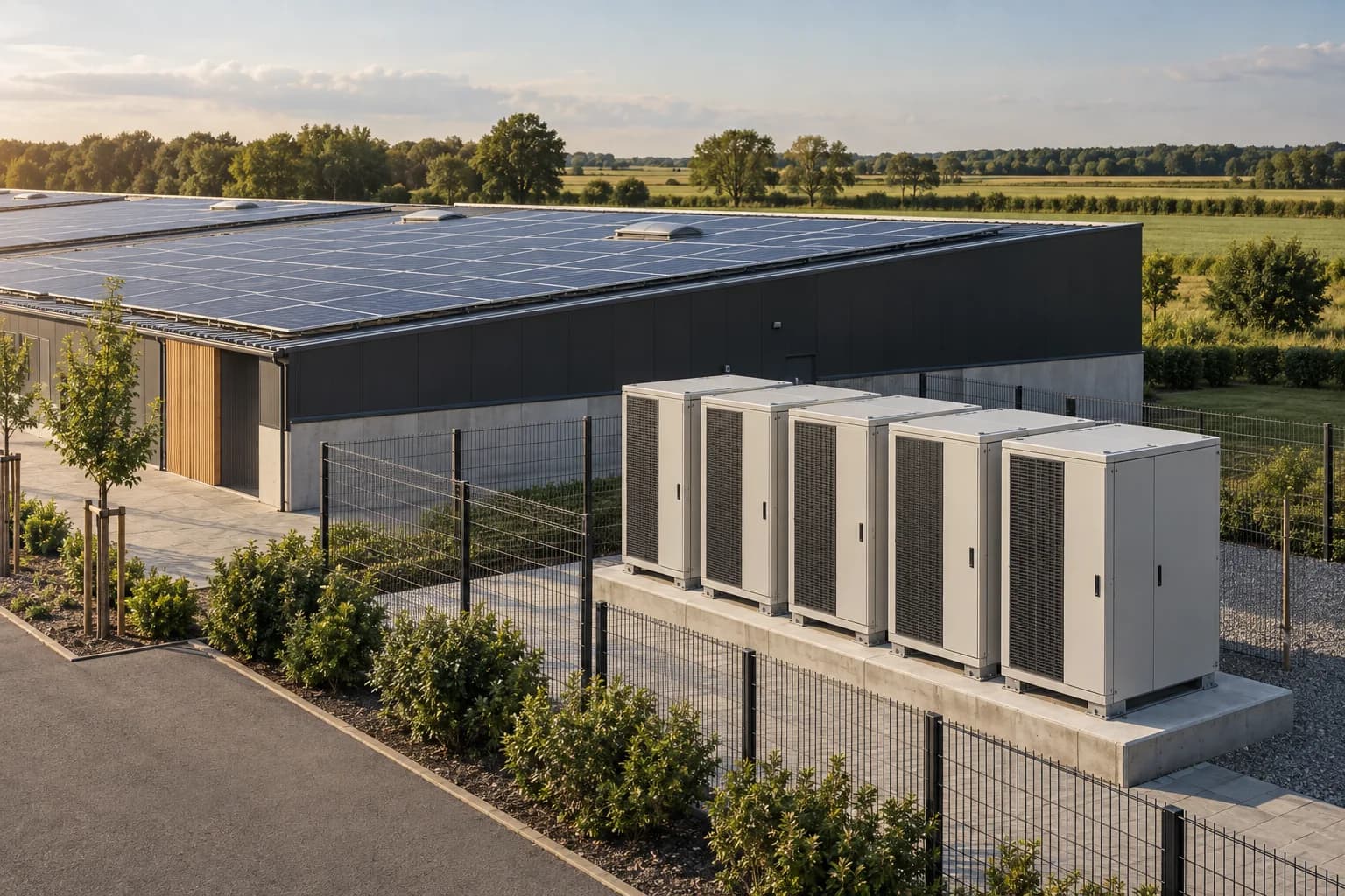 Illustration: Batteriespeicher und gewerbliche Photovoltaik in einer geordneten Energieanlage