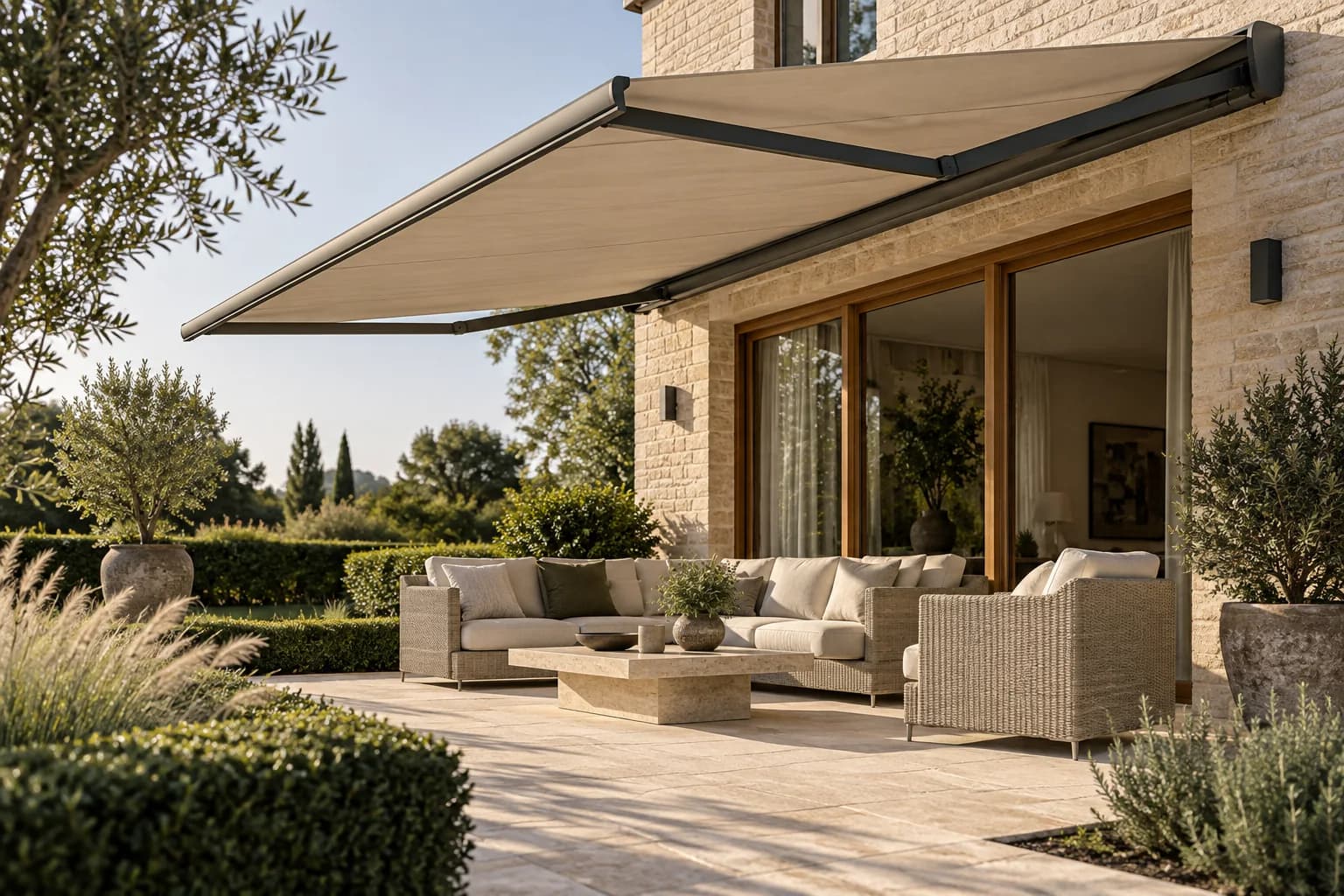 Terrassenmarkise mit hellem Tuch über einem gemütlichen Sitzplatz