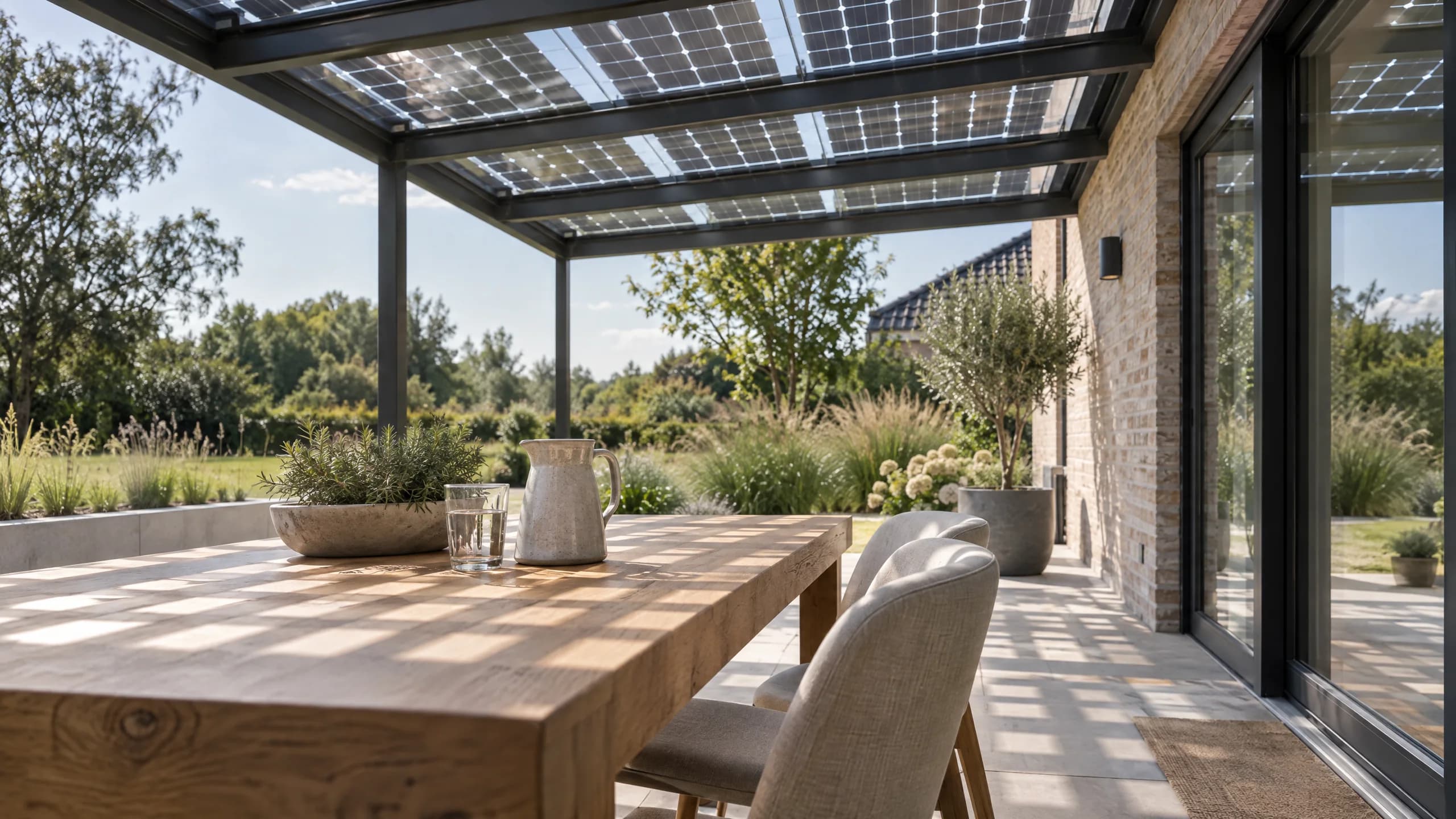 Blick von der Terrasse nach oben durch die Zwischenräume der Solarzellen im Glasdach