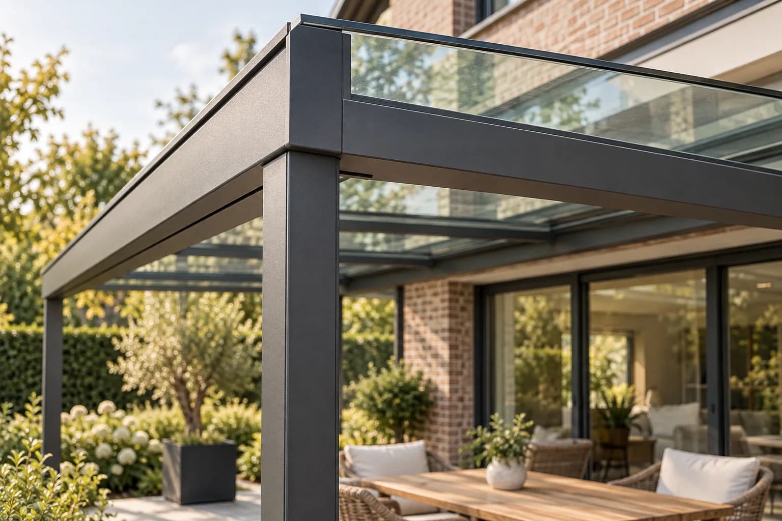 Detail einer anthrazitfarbenen Aluminiumkonstruktion mit Glasdach – Materialvisualisierung