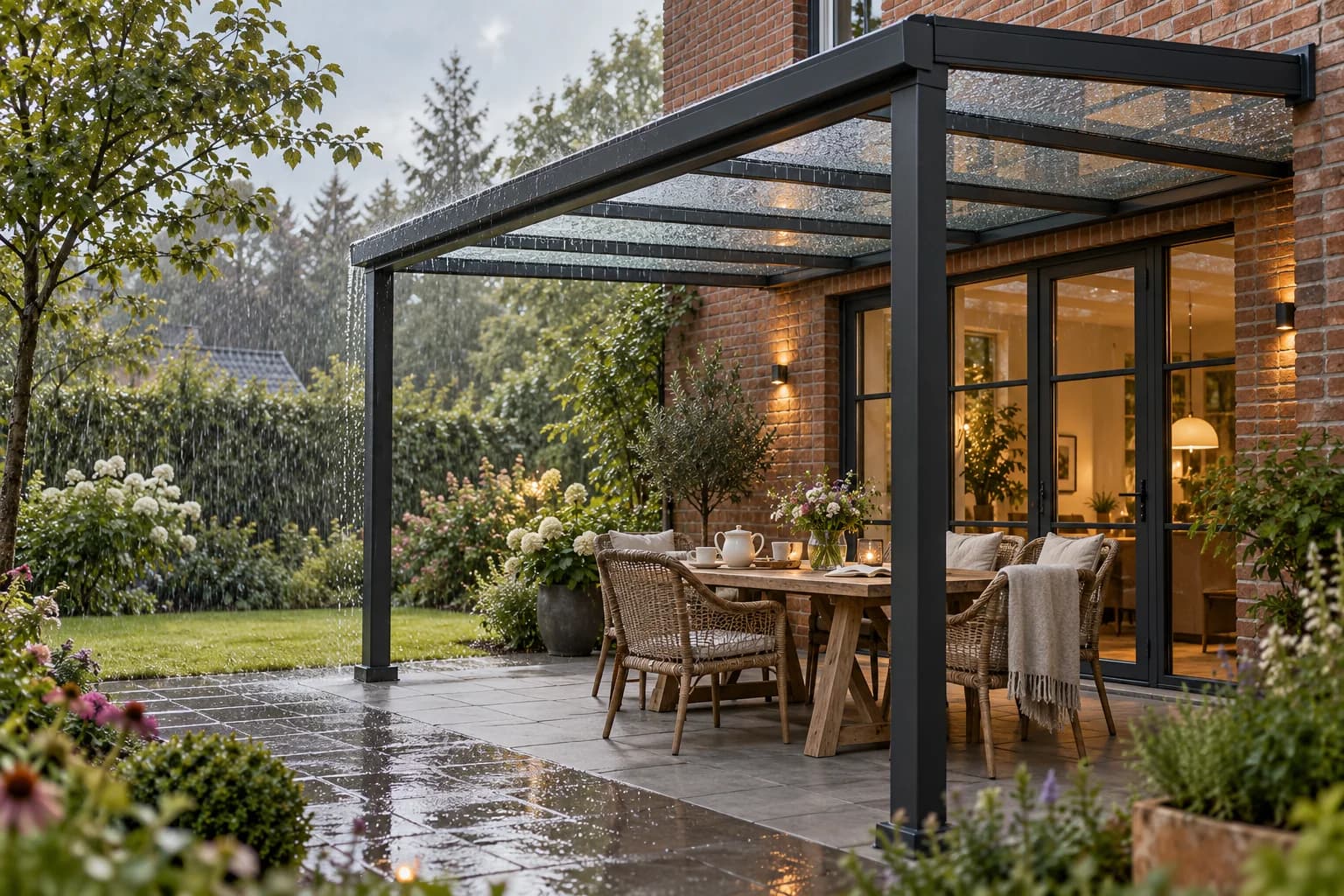 Ein geschützter Tisch unter einem Glasdach bei einem Regenschauer – Visualisierung