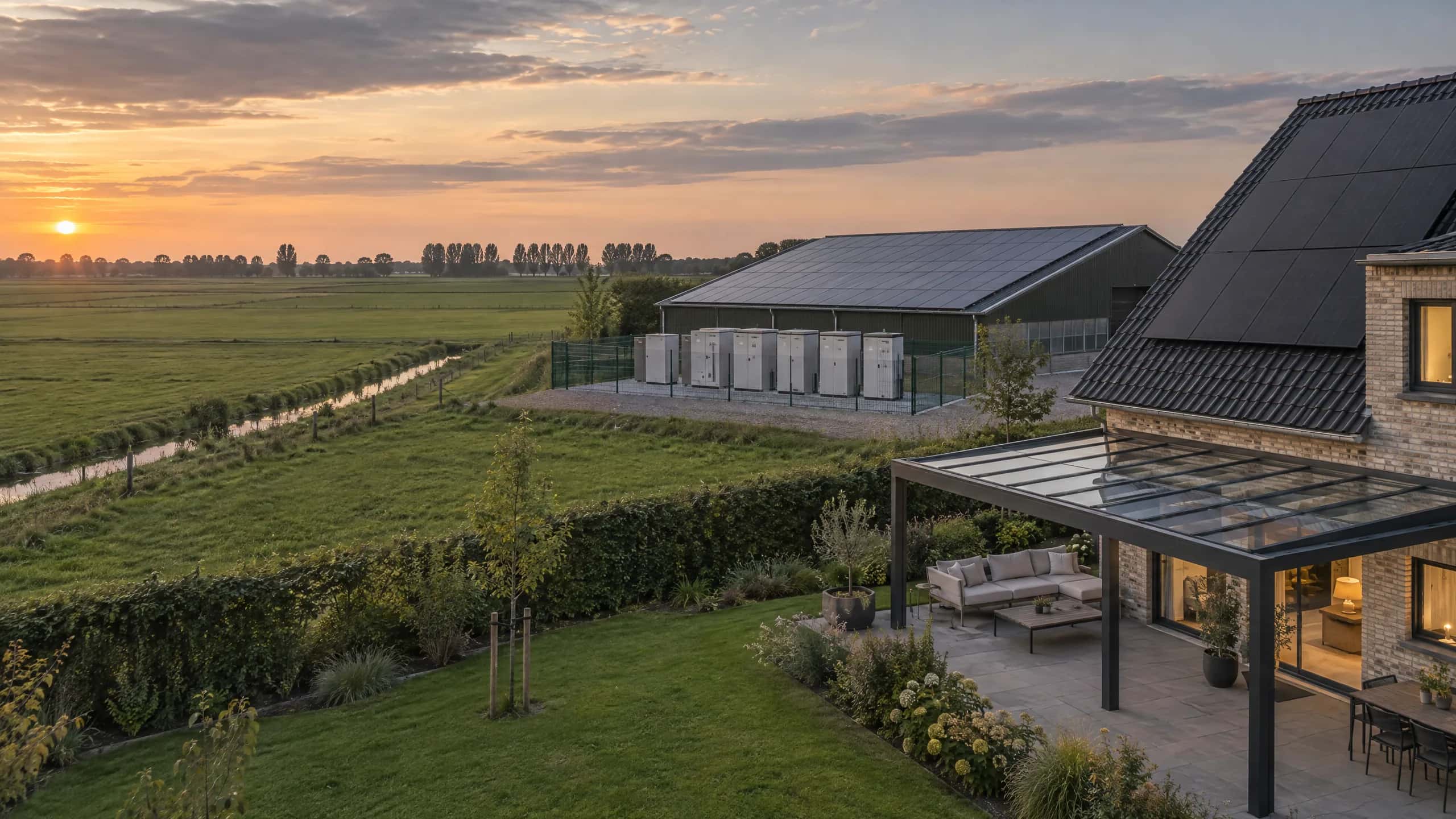 Wohnhaus mit Glas-Terrassendach und Solaranlage am Dorfrand, dahinter eine Halle mit Solardach und Batteriespeicher in der Marsch im Abendlicht – Illustration