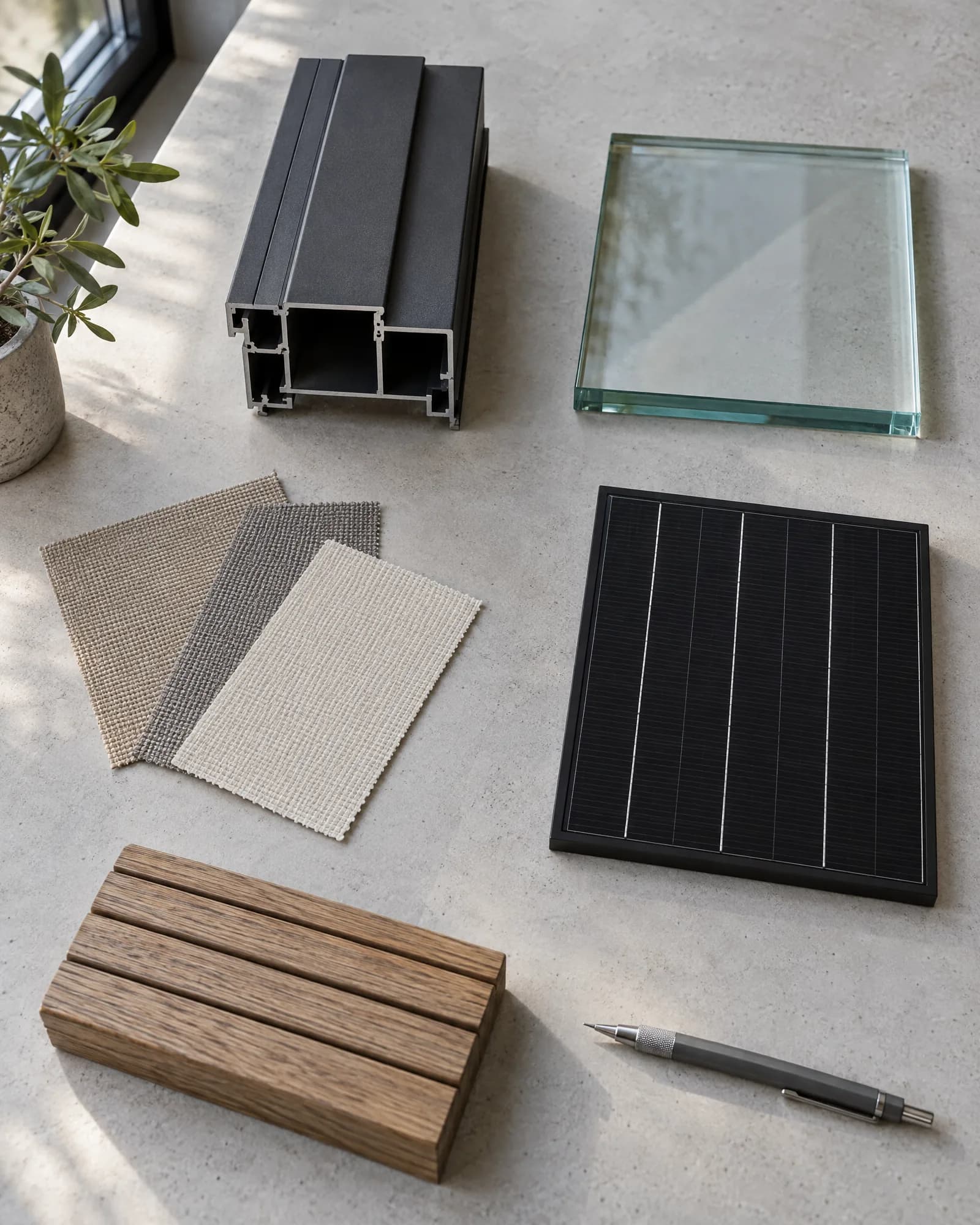 Materialmuster auf einem Tisch: Aluminiumprofil, Glas, Markisenstoffe, Solarmodul und Holz – Illustration